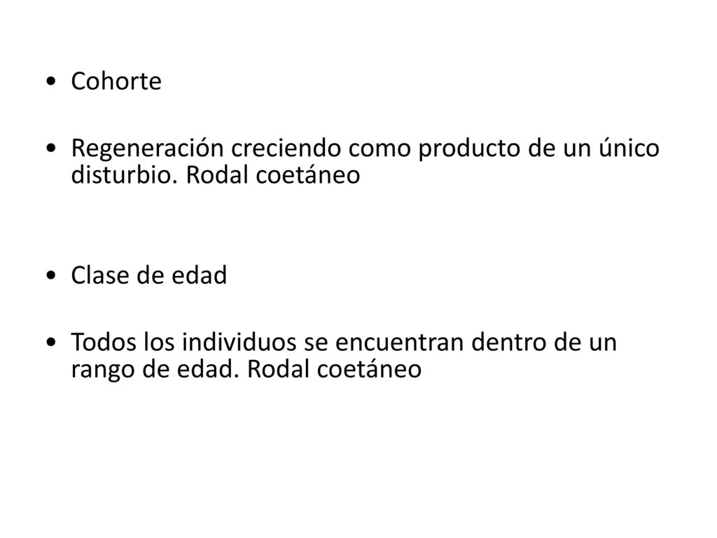 Cohorte Regeneración creciendo como producto de un único disturbio. Rodal coetáneo. Clase de edad.