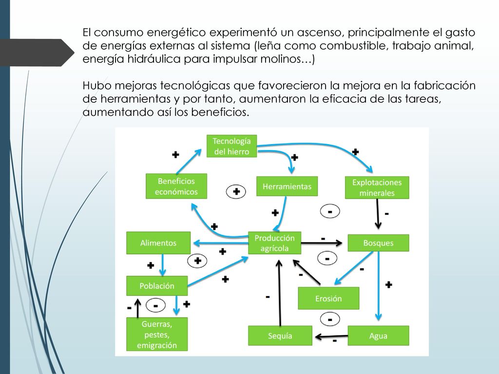 El consumo energético experimentó un ascenso, principalmente el gasto de energías externas al sistema (leña como combustible, trabajo animal, energía hidráulica para impulsar molinos…)