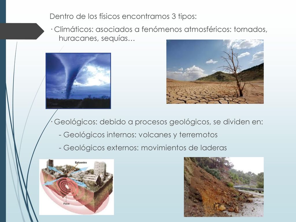 Dentro de los físicos encontramos 3 tipos: · Climáticos: asociados a fenómenos atmosféricos: tornados, huracanes, sequías…