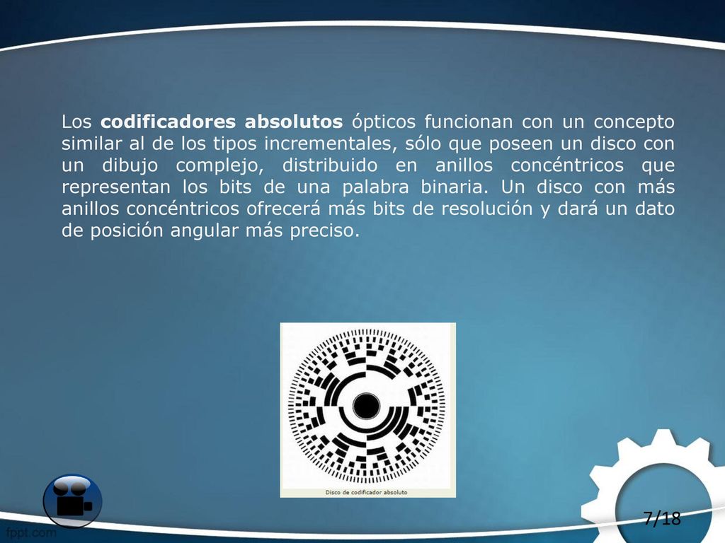 Los codificadores absolutos ópticos funcionan con un concepto similar al de los tipos incrementales, sólo que poseen un disco con un dibujo complejo, distribuido en anillos concéntricos que representan los bits de una palabra binaria.