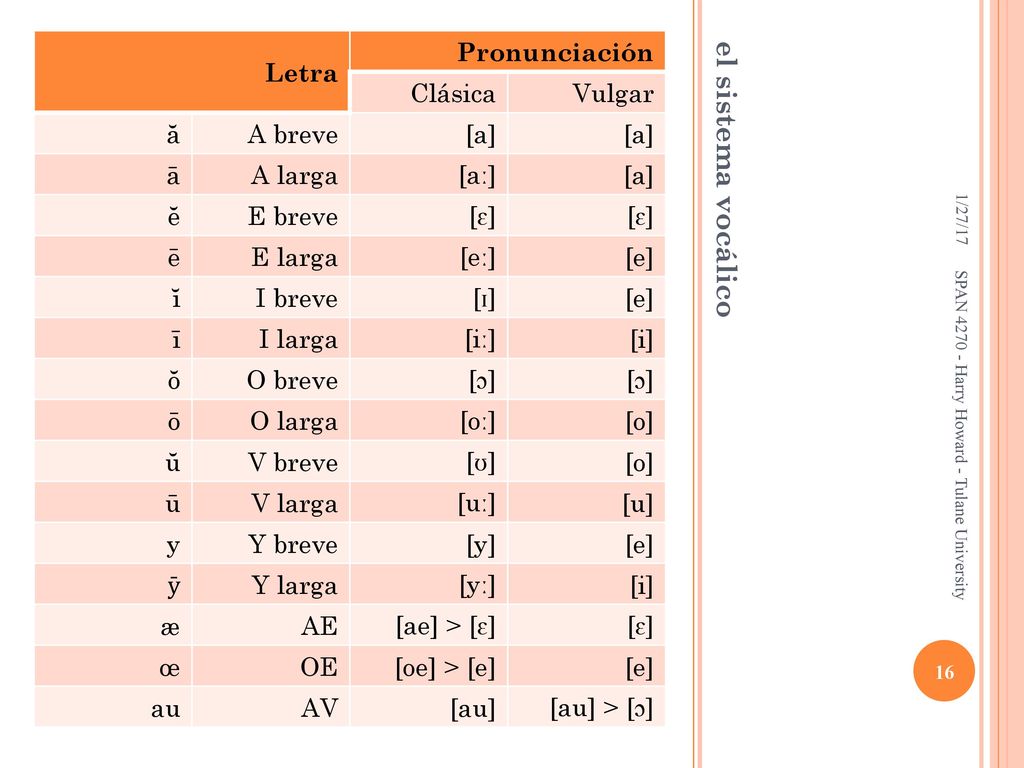 el sistema vocálico Letra Pronunciación Clásica Vulgar ă A breve [a] ā
