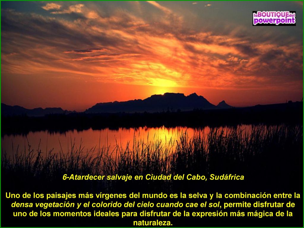 6-Atardecer salvaje en Ciudad del Cabo, Sudáfrica Uno de los paisajes más vírgenes del mundo es la selva y la combinación entre la densa vegetación y el colorido del cielo cuando cae el sol, permite disfrutar de uno de los momentos ideales para disfrutar de la expresión más mágica de la naturaleza.