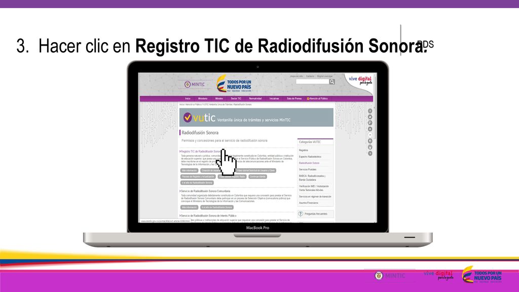 3. Hacer clic en Registro TIC de Radiodifusión Sonora.