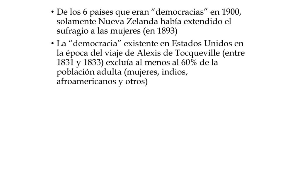 De los 6 países que eran democracias en 1900, solamente Nueva Zelanda había extendido el sufragio a las mujeres (en 1893)