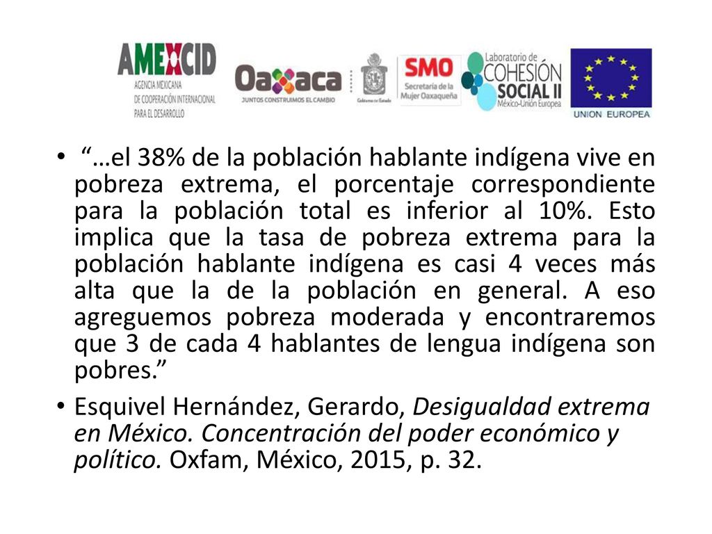 …el 38% de la población hablante indígena vive en pobreza extrema, el porcentaje correspondiente para la población total es inferior al 10%. Esto implica que la tasa de pobreza extrema para la población hablante indígena es casi 4 veces más alta que la de la población en general. A eso agreguemos pobreza moderada y encontraremos que 3 de cada 4 hablantes de lengua indígena son pobres.