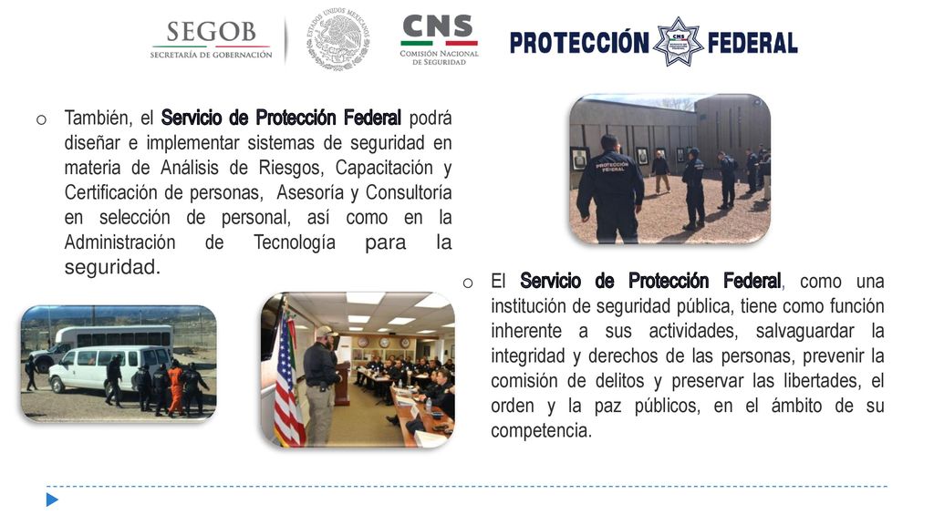También, el Servicio de Protección Federal podrá diseñar e implementar sistemas de seguridad en materia de Análisis de Riesgos, Capacitación y Certificación de personas, Asesoría y Consultoría en selección de personal, así como en la Administración de Tecnología para la seguridad.