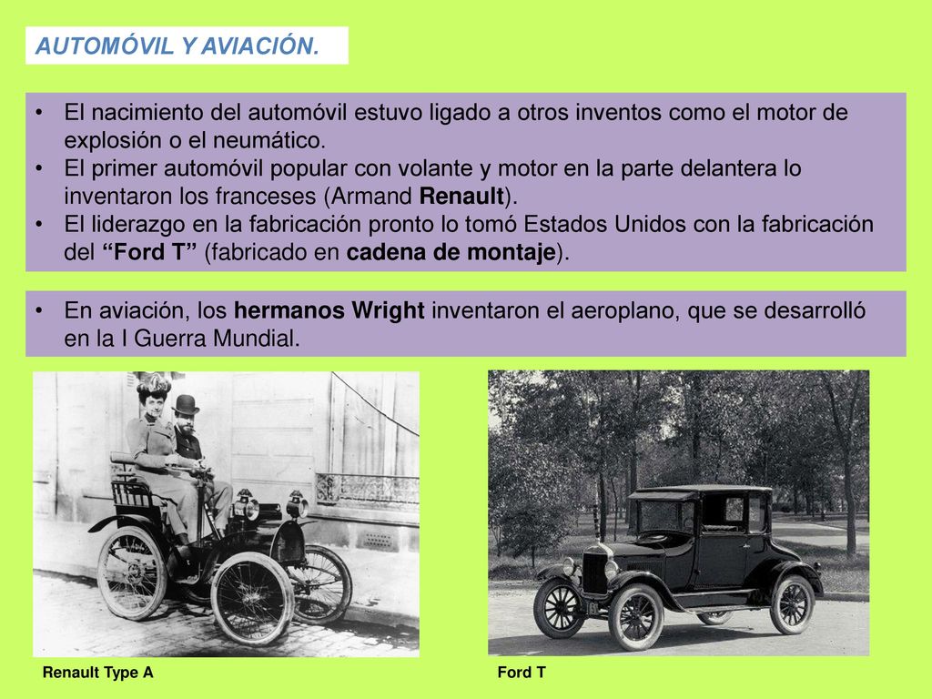 AUTOMÓVIL Y AVIACIÓN. El nacimiento del automóvil estuvo ligado a otros inventos como el motor de explosión o el neumático.
