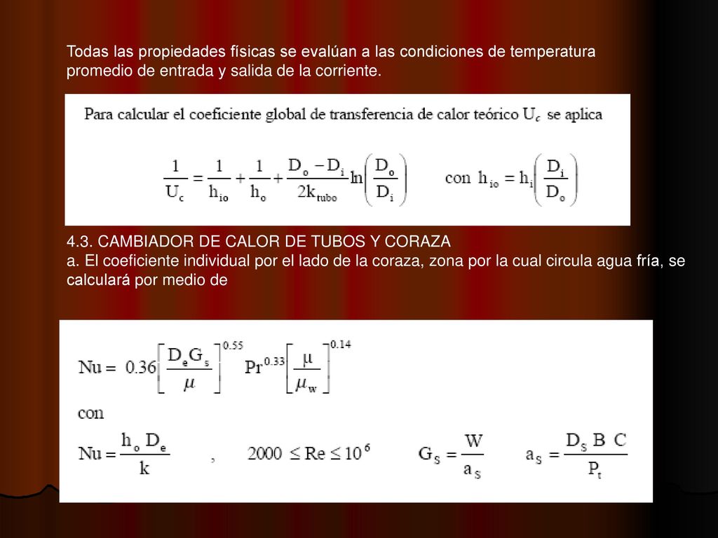 Todas las propiedades físicas se evalúan a las condiciones de temperatura promedio de entrada y salida de la corriente.