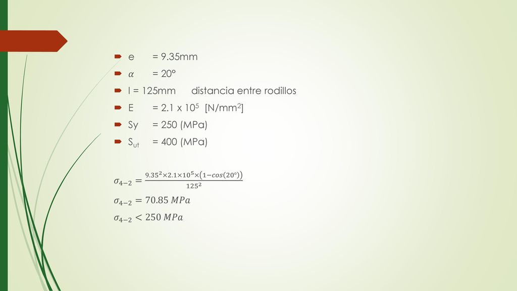 e = 9.35mm 𝛼 = 20° l = 125mm distancia entre rodillos. E = 2.1 x 105 ­ [N/mm2] Sy = 250 (MPa)