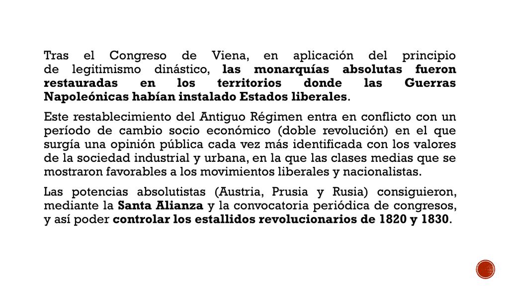 Tras el Congreso de Viena, en aplicación del principio de legitimismo dinástico, las monarquías absolutas fueron restauradas en los territorios donde las Guerras Napoleónicas habían instalado Estados liberales.