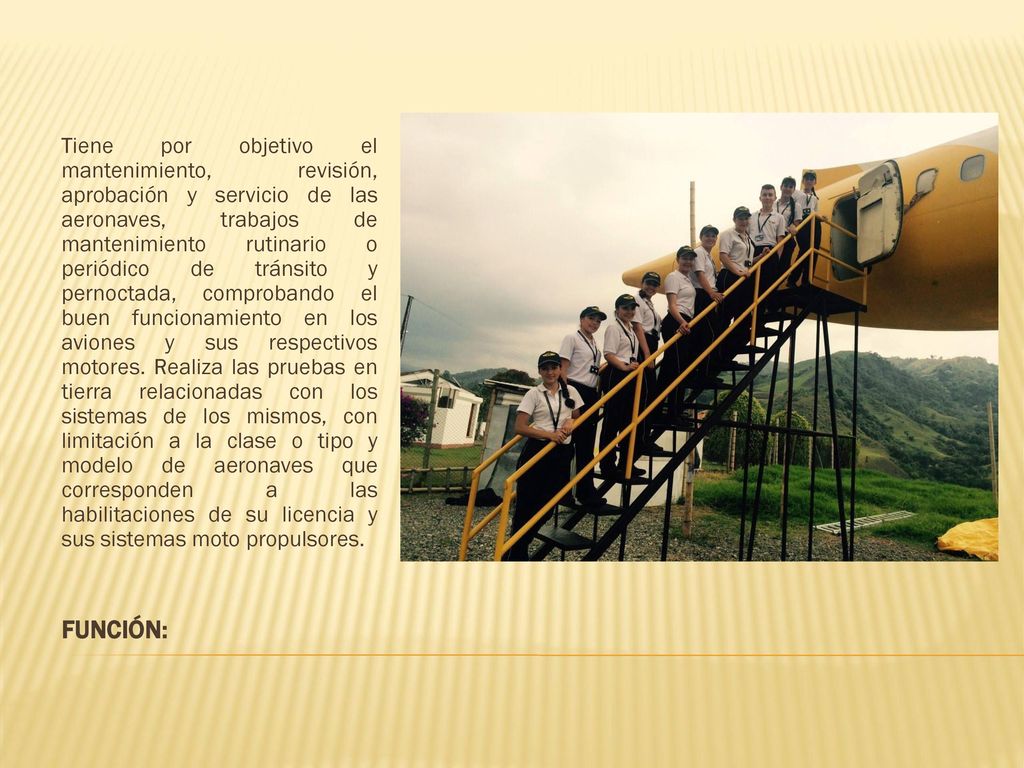 Tiene por objetivo el mantenimiento, revisión, aprobación y servicio de las aeronaves, trabajos de mantenimiento rutinario o periódico de tránsito y pernoctada, comprobando el buen funcionamiento en los aviones y sus respectivos motores. Realiza las pruebas en tierra relacionadas con los sistemas de los mismos, con limitación a la clase o tipo y modelo de aeronaves que corresponden a las habilitaciones de su licencia y sus sistemas moto propulsores.