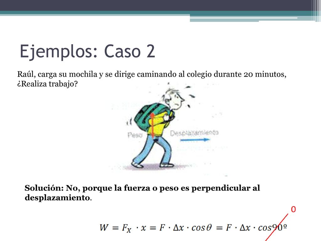 Ejemplos: Caso 2 Raúl, carga su mochila y se dirige caminando al colegio durante 20 minutos, ¿Realiza trabajo