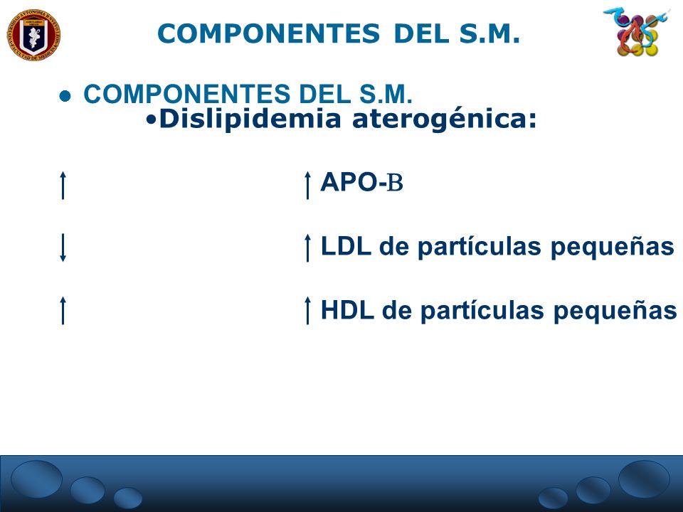 COMPONENTES DEL S.M. COMPONENTES DEL S.M. Dislipidemia aterogénica: APO- LDL de partículas pequeñas.