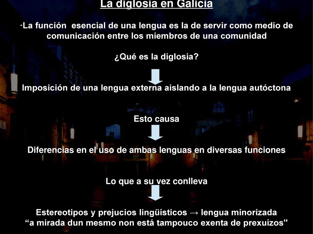 La diglosia en Galicia ·La función esencial de una lengua es la de servir como medio de comunicación entre los miembros de una comunidad ¿Qué es la diglosia.