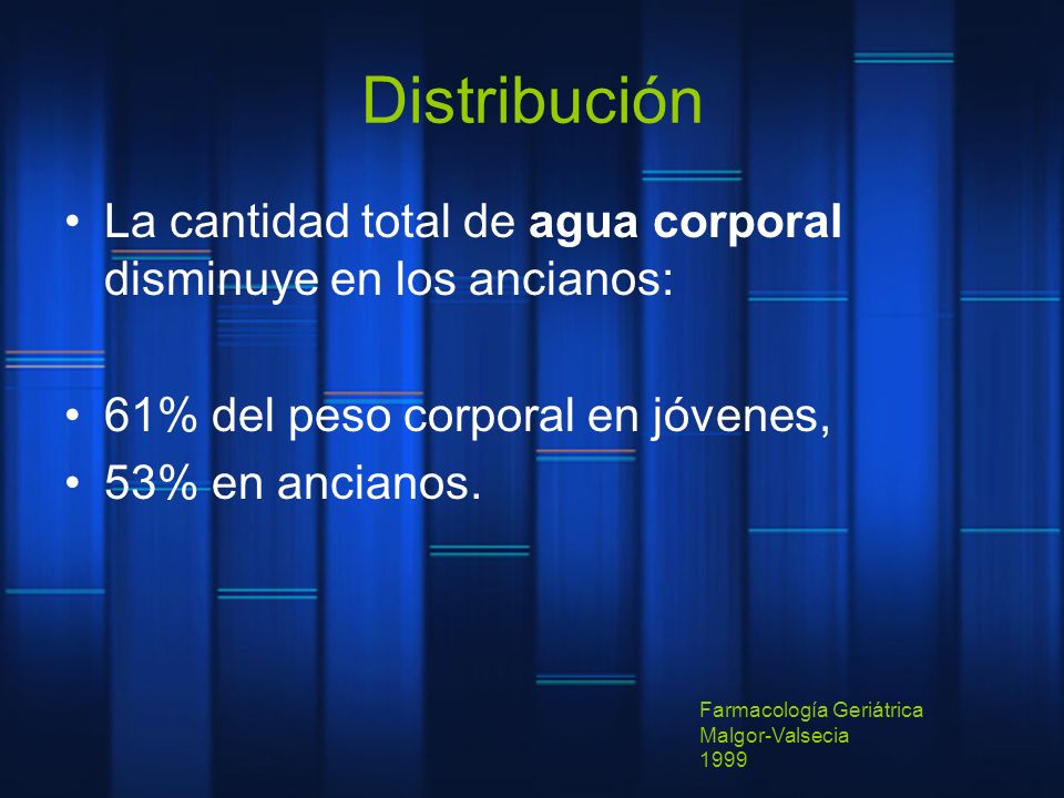 Distribución La cantidad total de agua corporal disminuye en los ancianos: 61% del peso corporal en jóvenes,