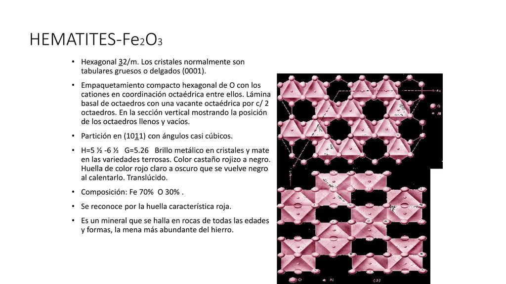 HEMATITES-Fe2O3 Hexagonal 32/m. Los cristales normalmente son tabulares gruesos o delgados (0001).