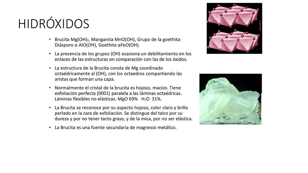 HIDRÓXIDOS Brucita Mg(OH)2, Manganita MnO(OH), Grupo de la goethita: Diásporo α AlO(OH), Goethita αFeO(OH).