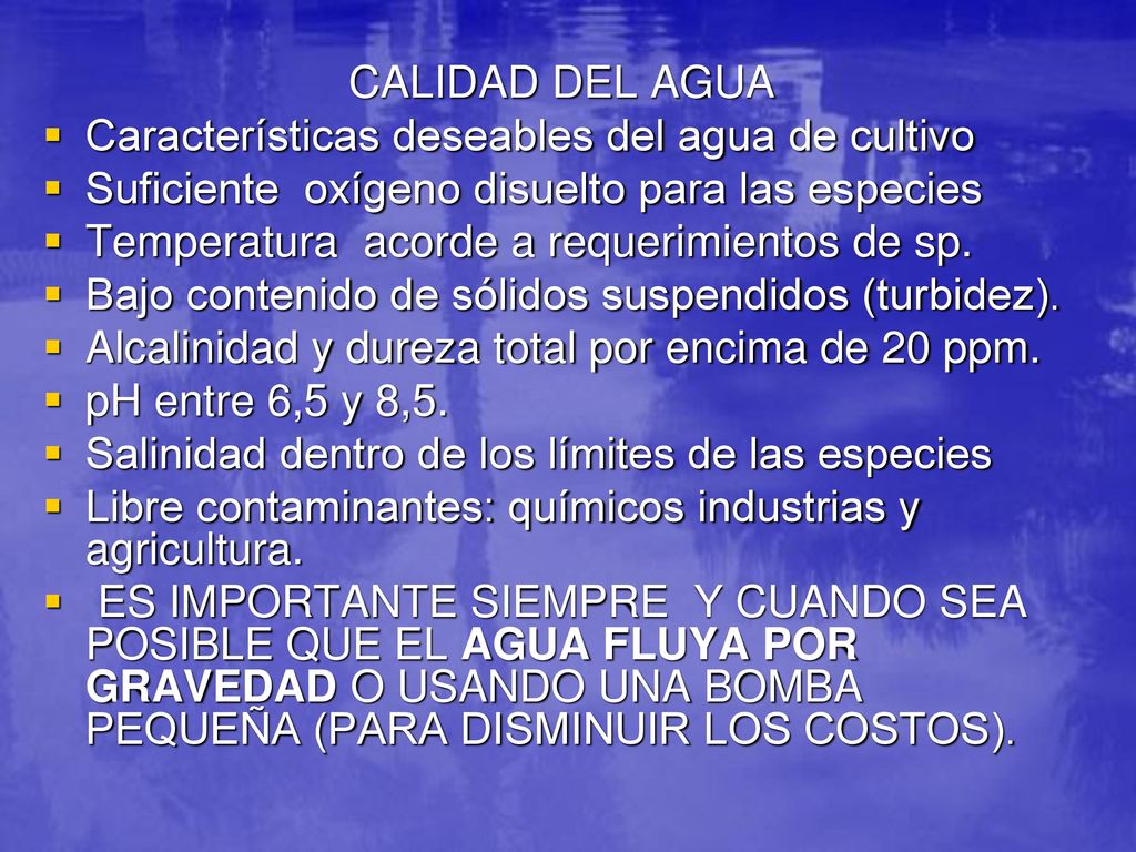 CALIDAD DEL AGUA Características deseables del agua de cultivo. Suficiente oxígeno disuelto para las especies.
