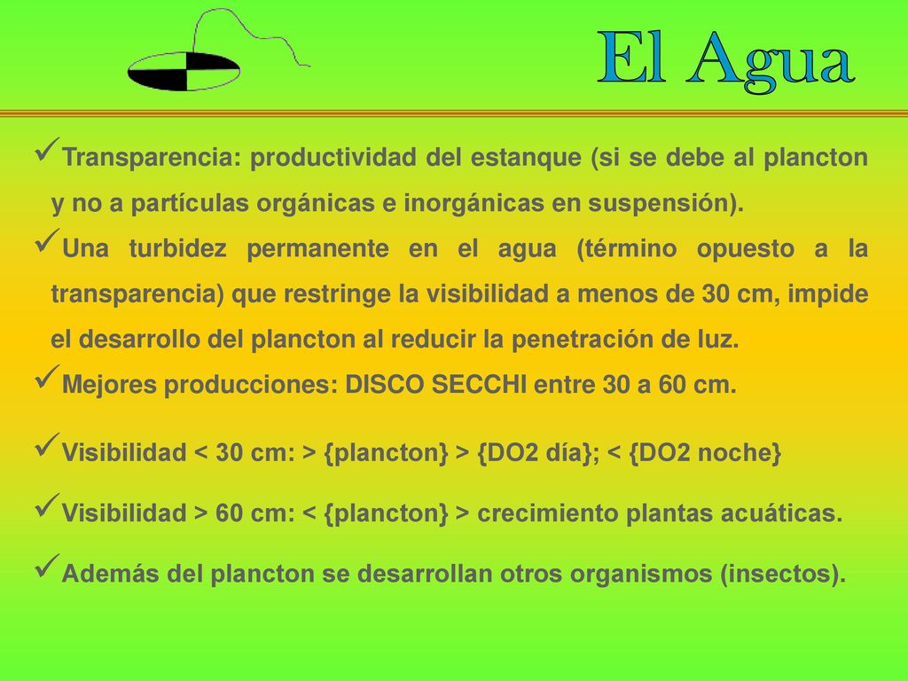 El Agua Transparencia: productividad del estanque (si se debe al plancton y no a partículas orgánicas e inorgánicas en suspensión).