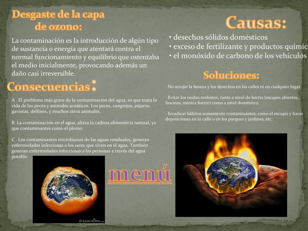menú Causas: Consecuencias: Desgaste de la capa de ozono: Soluciones: