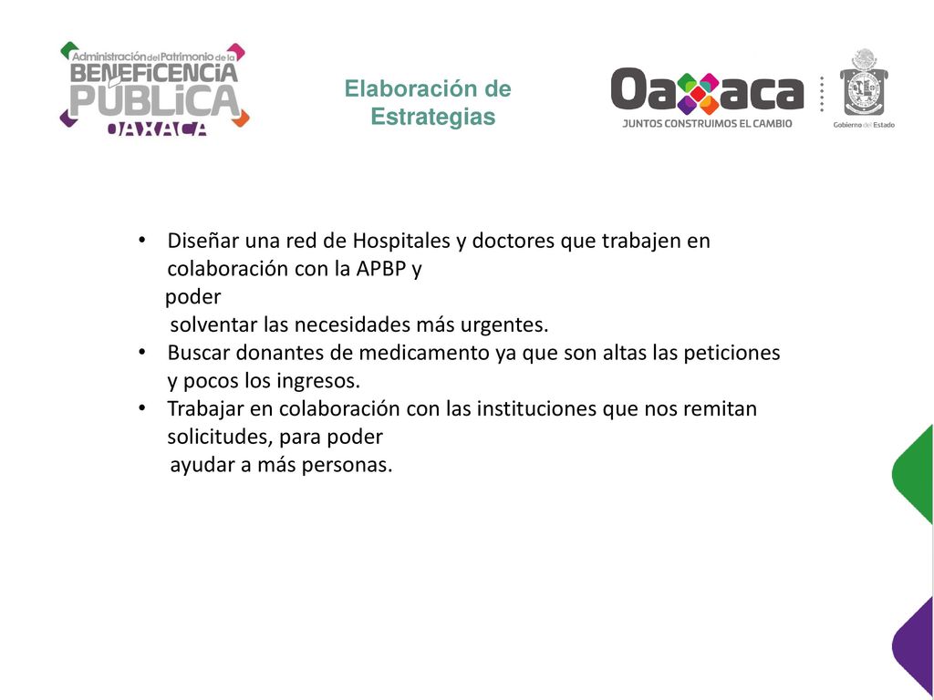 Elaboración de Estrategias. Diseñar una red de Hospitales y doctores que trabajen en colaboración con la APBP y.