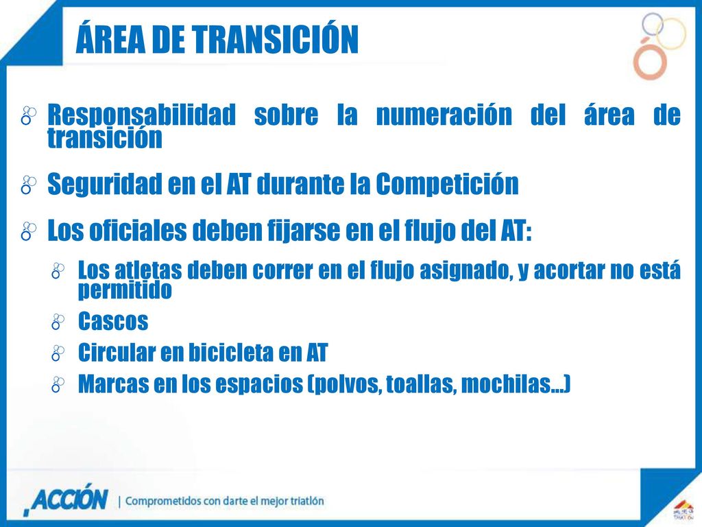 Área de transición Responsabilidad sobre la numeración del área de transición. Seguridad en el AT durante la Competición.