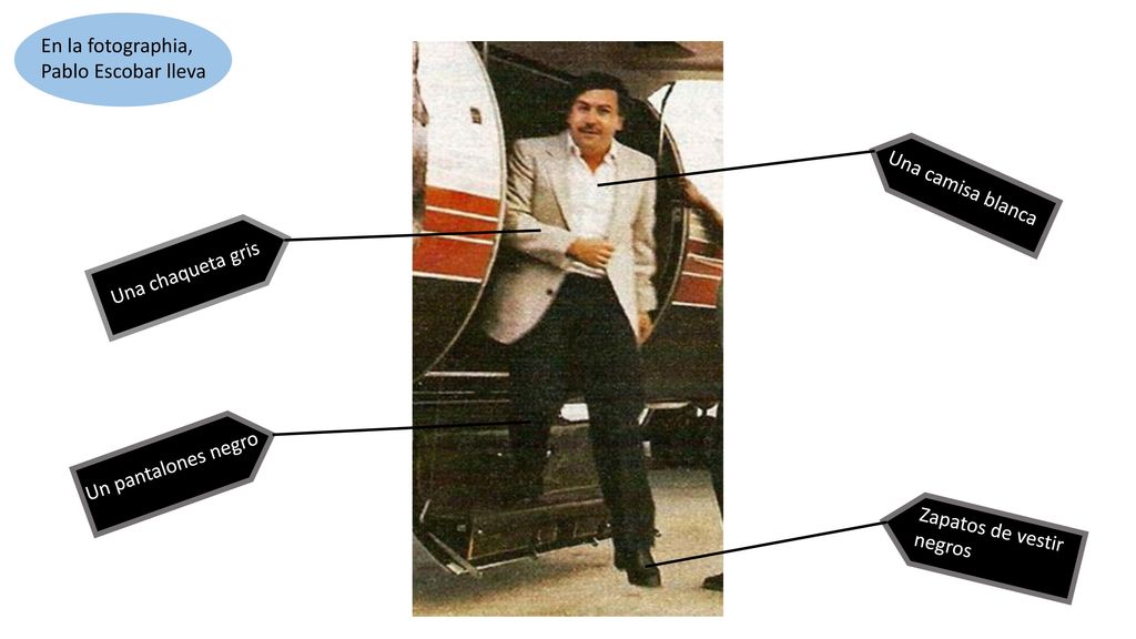 En la fotographia, Pablo Escobar lleva. Una camisa blanca. Una chaqueta gris. Un pantalones negro.
