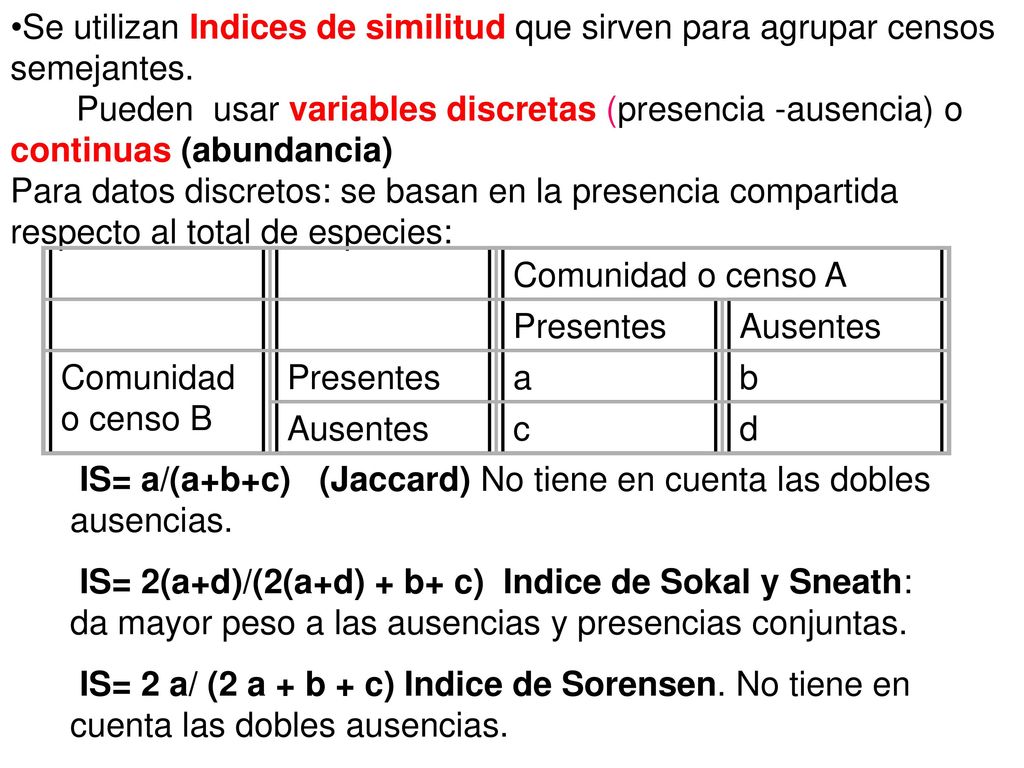 Se utilizan Indices de similitud que sirven para agrupar censos semejantes.