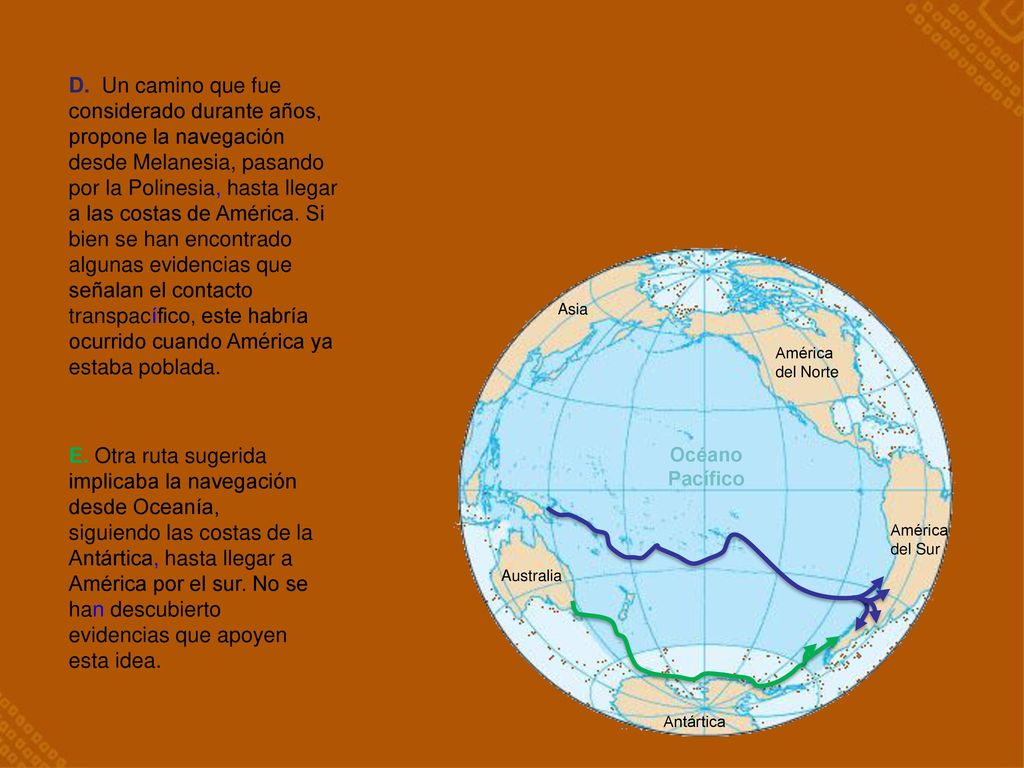 D. Un camino que fue considerado durante años, propone la navegación desde Melanesia, pasando por la Polinesia, hasta llegar a las costas de América. Si bien se han encontrado algunas evidencias que señalan el contacto transpacífico, este habría ocurrido cuando América ya estaba poblada.