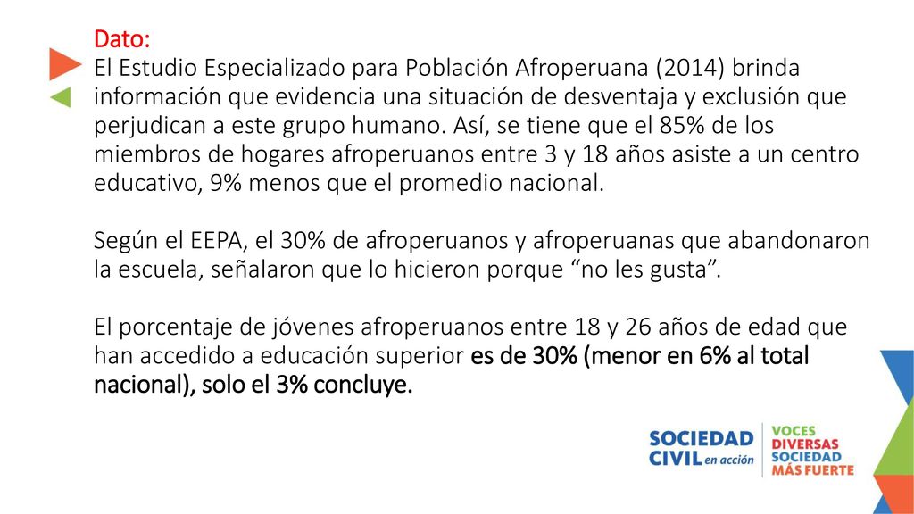 Dato: El Estudio Especializado para Población Afroperuana (2014) brinda información que evidencia una situación de desventaja y exclusión que perjudican a este grupo humano.