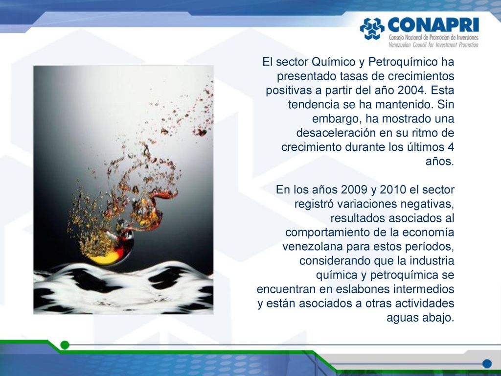 El sector Químico y Petroquímico ha presentado tasas de crecimientos positivas a partir del año Esta tendencia se ha mantenido. Sin embargo, ha mostrado una desaceleración en su ritmo de crecimiento durante los últimos 4 años.