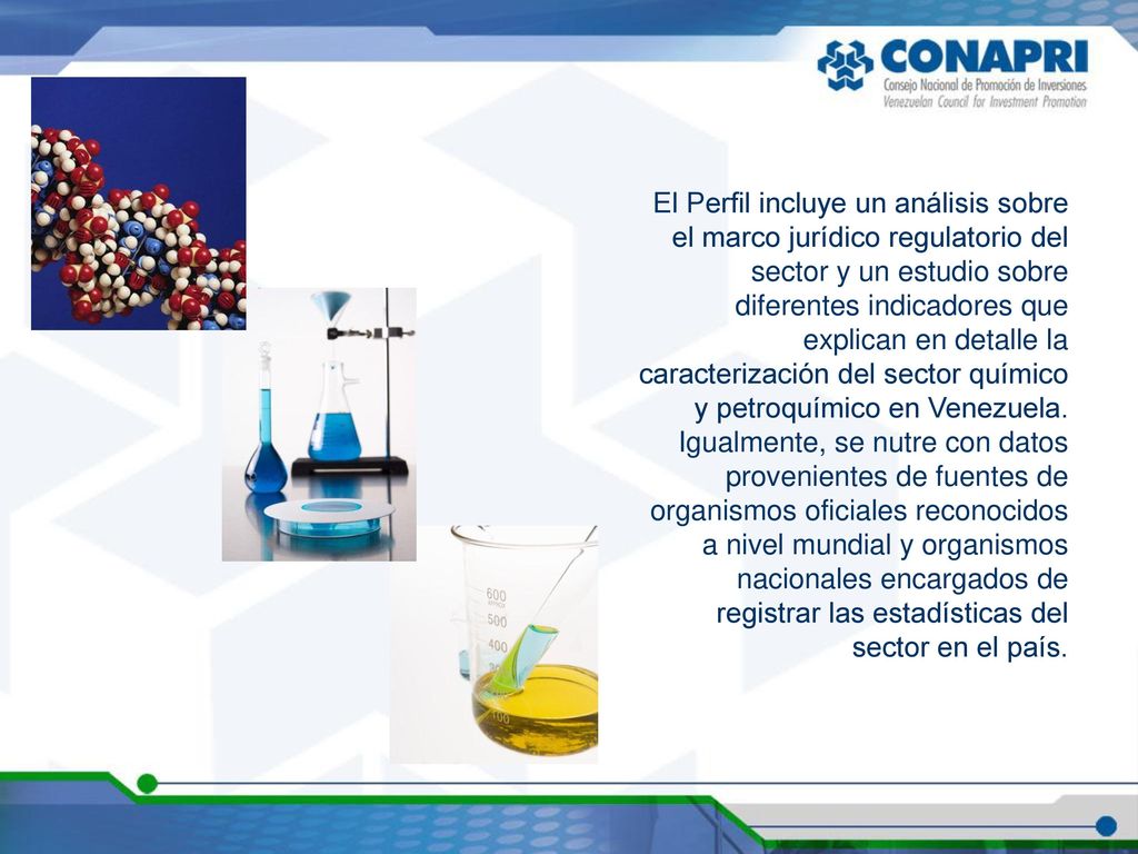 El Perfil incluye un análisis sobre el marco jurídico regulatorio del sector y un estudio sobre diferentes indicadores que explican en detalle la caracterización del sector químico y petroquímico en Venezuela.