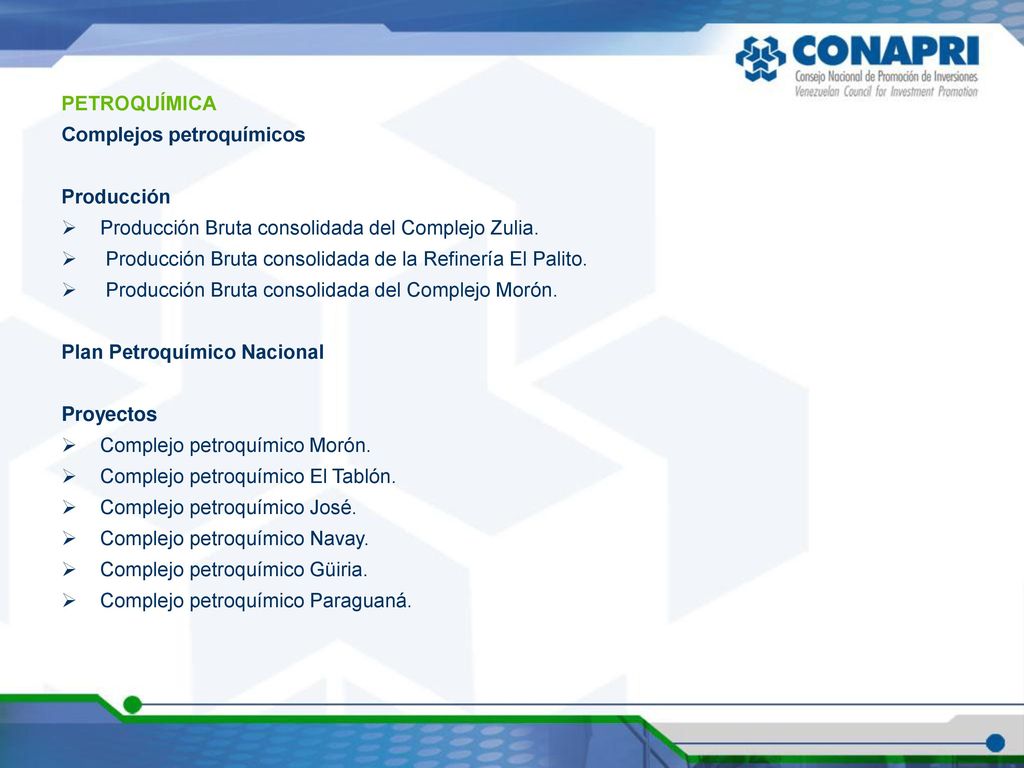 PETROQUÍMICA Complejos petroquímicos. Producción. Producción Bruta consolidada del Complejo Zulia.