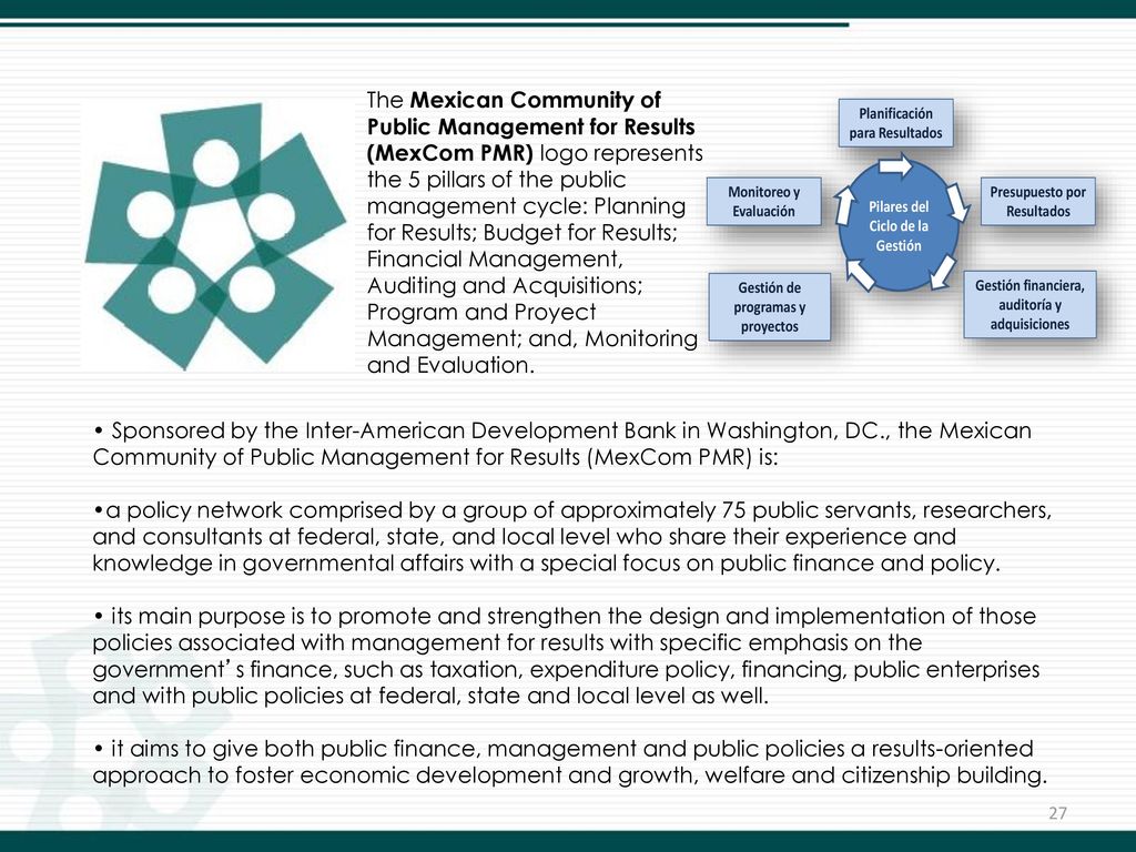 The Mexican Community of Public Management for Results (MexCom PMR) logo represents the 5 pillars of the public management cycle: Planning for Results; Budget for Results; Financial Management, Auditing and Acquisitions; Program and Proyect Management; and, Monitoring and Evaluation.