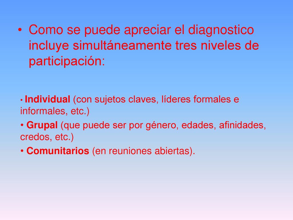 Como se puede apreciar el diagnostico incluye simultáneamente tres niveles de participación: