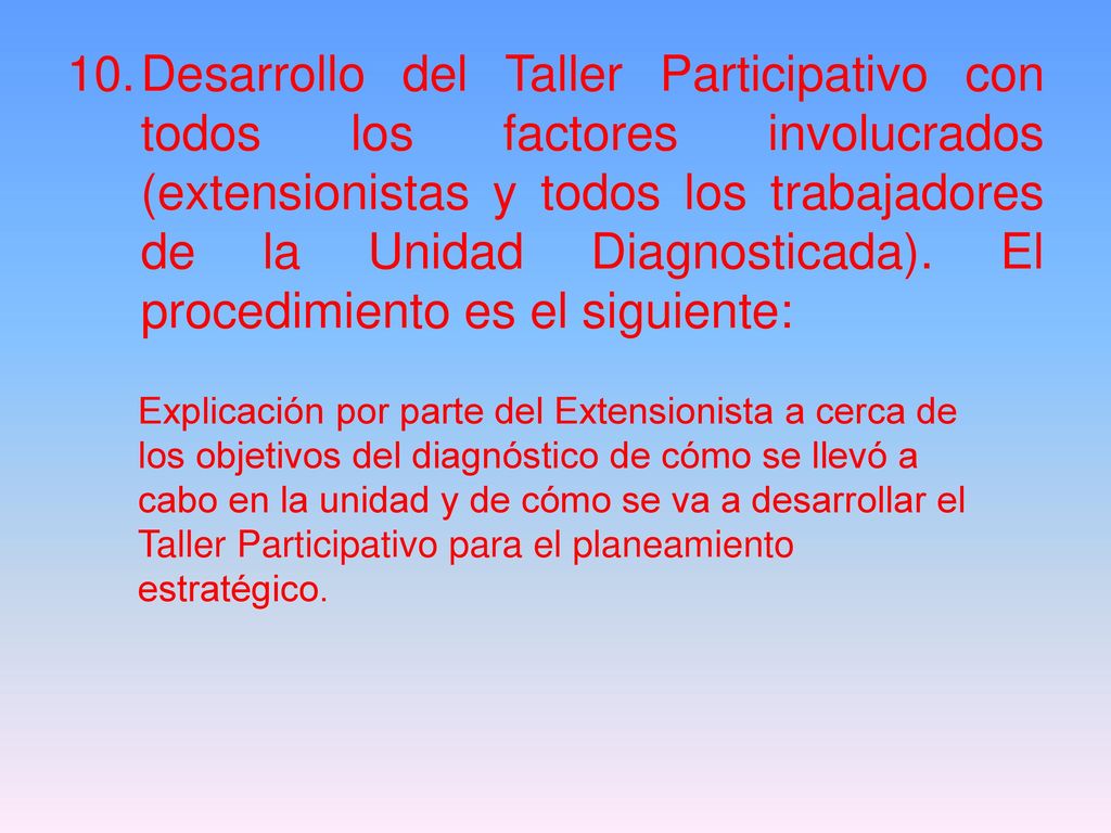 Desarrollo del Taller Participativo con todos los factores involucrados (extensionistas y todos los trabajadores de la Unidad Diagnosticada). El procedimiento es el siguiente: