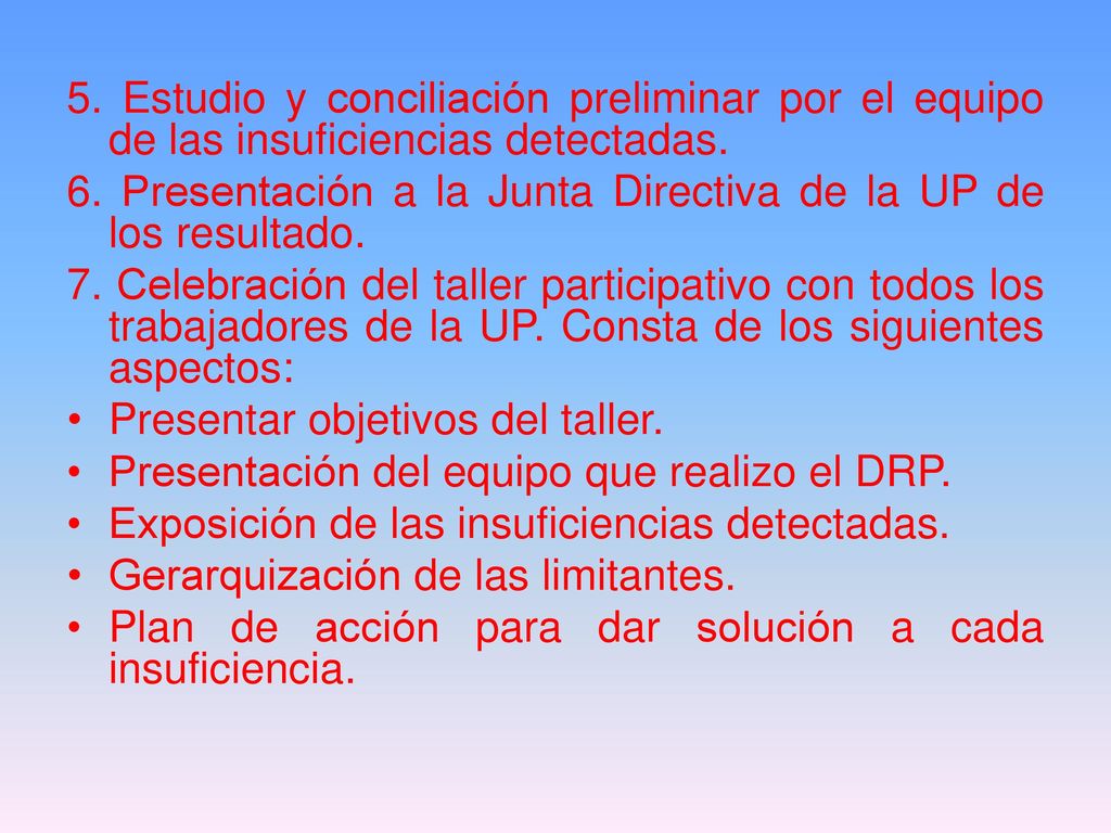 5. Estudio y conciliación preliminar por el equipo de las insuficiencias detectadas.