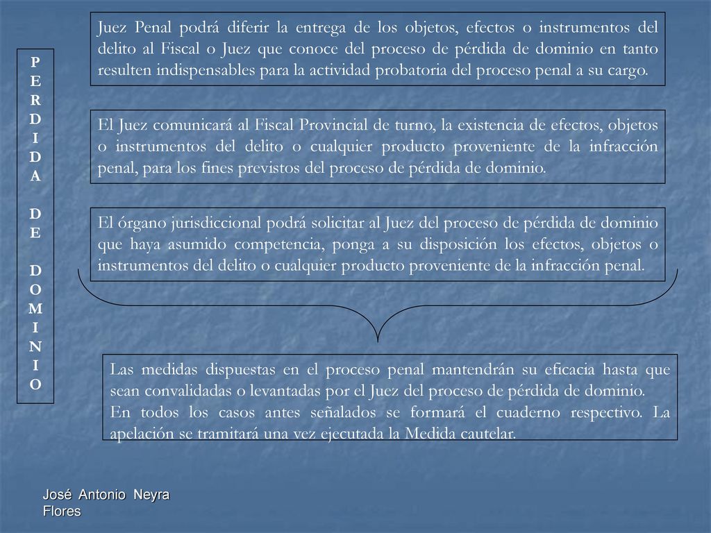 El Juez comunicará al Fiscal Provincial de turno, la existencia de efectos, objetos o instrumentos del delito o cualquier producto proveniente de la infracción penal, para los fines previstos del proceso de pérdida de dominio.