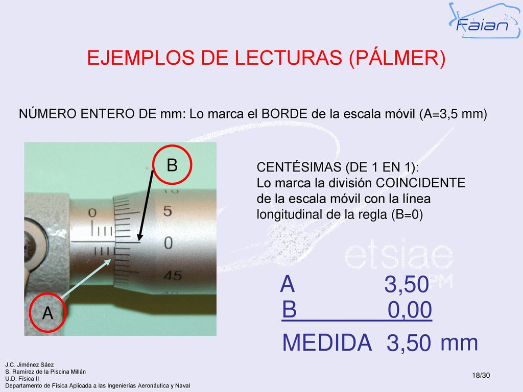 A 3,50 B 0,00 MEDIDA 3,50 mm EJEMPLOS DE LECTURAS (PÁLMER) B A