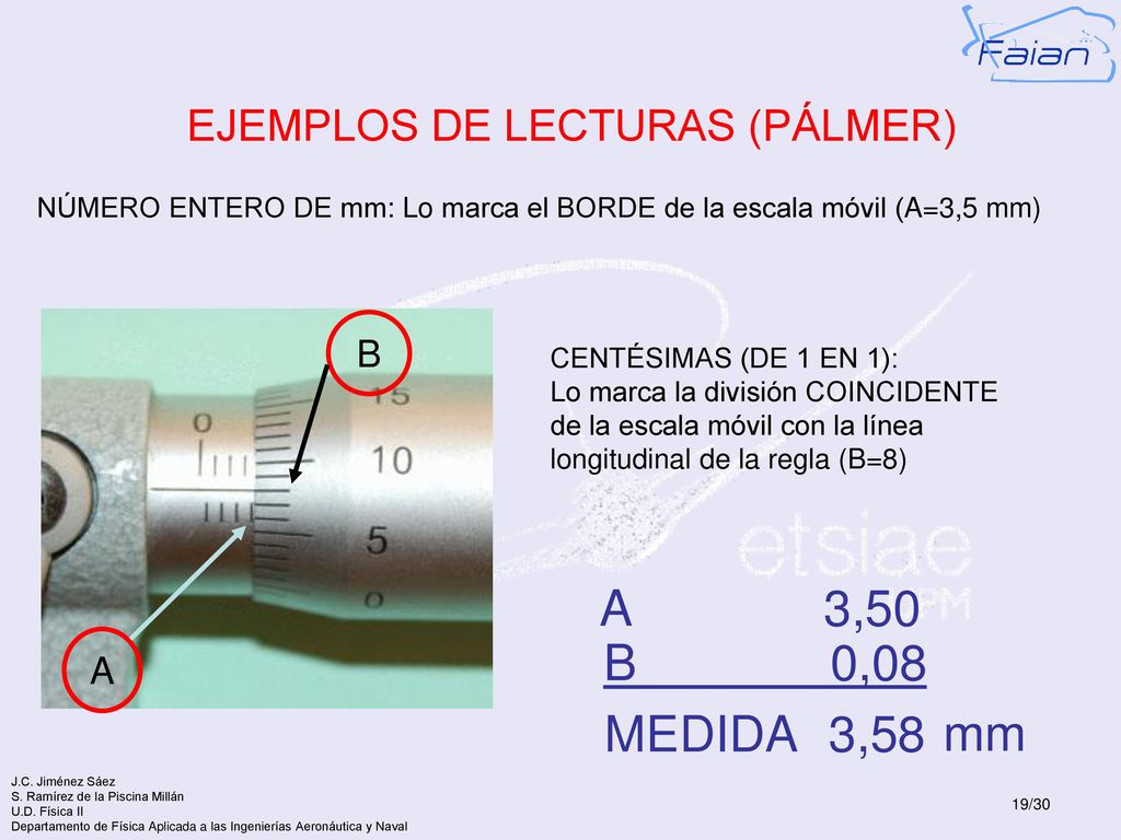 A 3,50 B 0,08 MEDIDA 3,58 mm EJEMPLOS DE LECTURAS (PÁLMER) B A