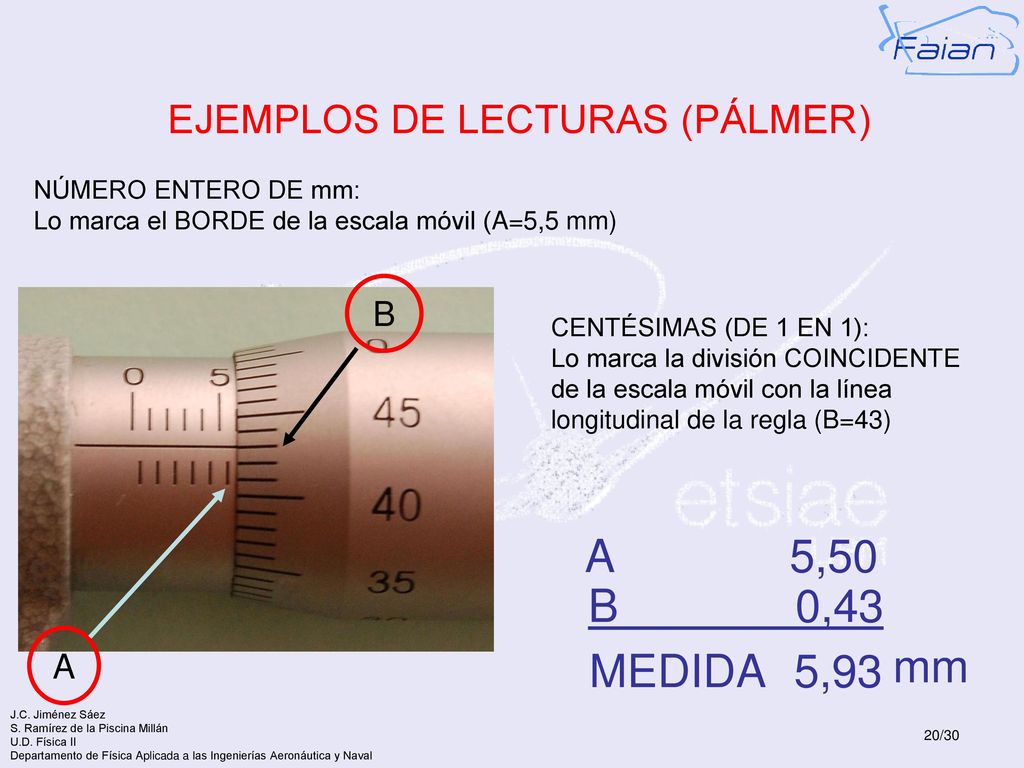 A 5,50 B 0,43 mm MEDIDA 5,93 EJEMPLOS DE LECTURAS (PÁLMER) B A