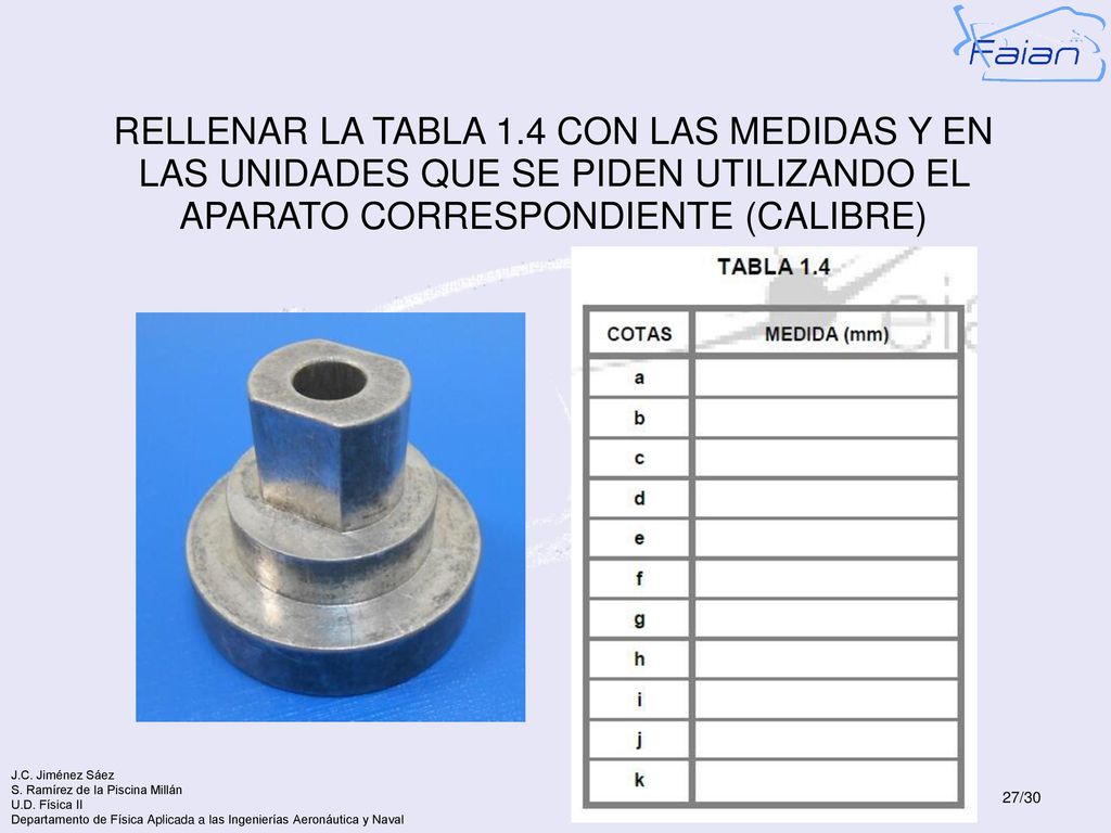RELLENAR LA TABLA 1.4 CON LAS MEDIDAS Y EN LAS UNIDADES QUE SE PIDEN UTILIZANDO EL APARATO CORRESPONDIENTE (CALIBRE)
