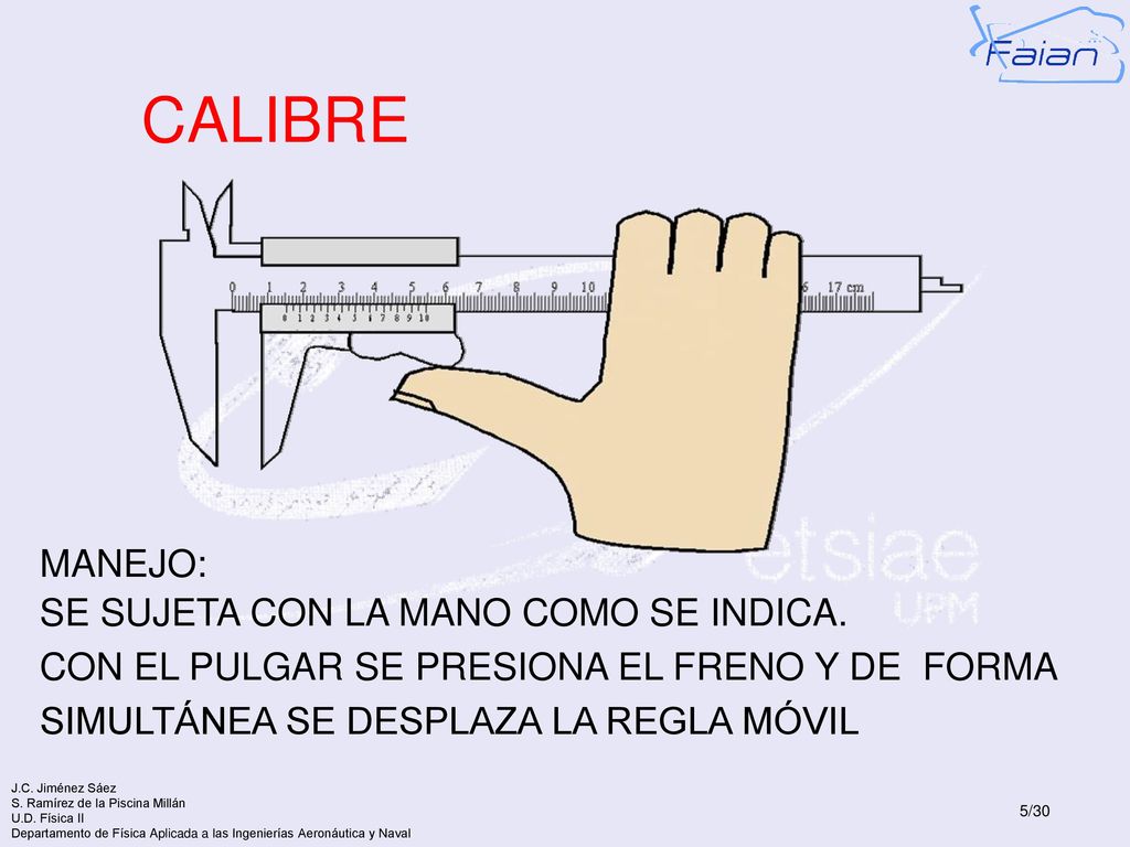 CALIBRE MANEJO: SE SUJETA CON LA MANO COMO SE INDICA.