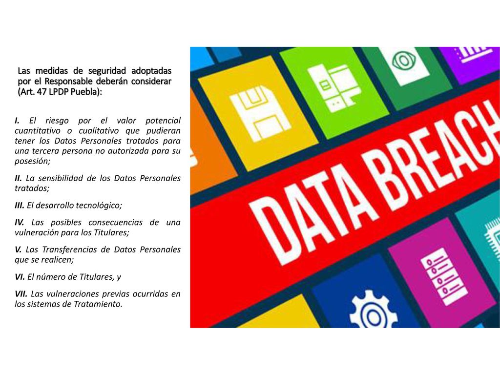 Las medidas de seguridad adoptadas por el Responsable deberán considerar (Art. 47 LPDP Puebla):