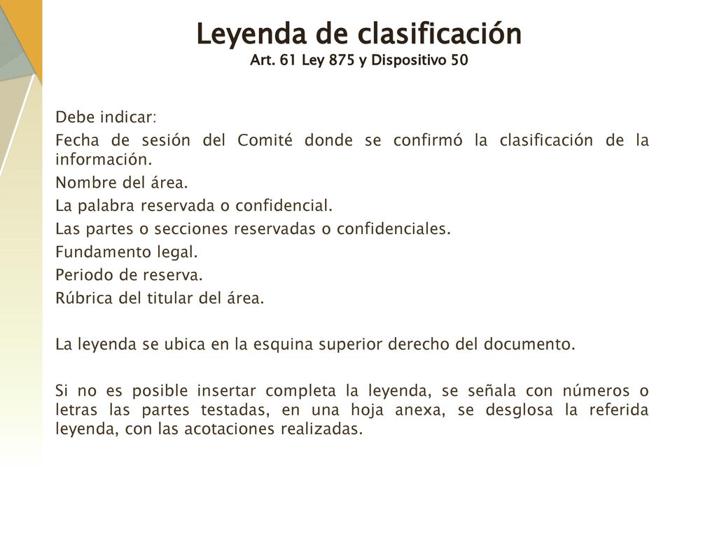 Leyenda de clasificación Art. 61 Ley 875 y Dispositivo 50