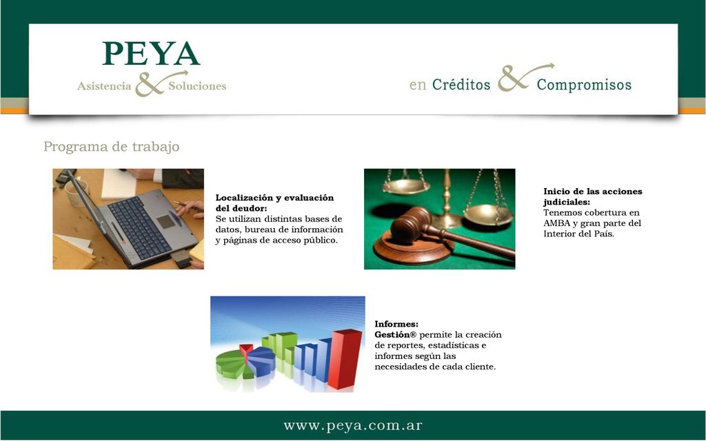Programa de trabajo Localización y evaluación del deudor: Se utilizan distintas bases de datos, bureau de información y páginas de acceso público.