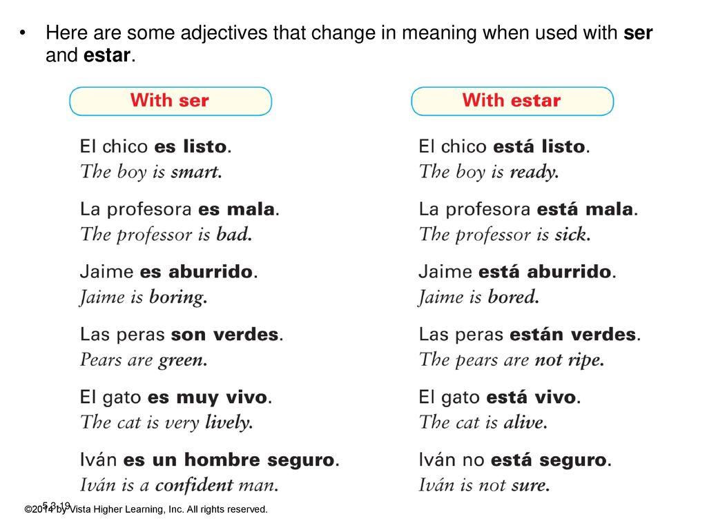 Here are some adjectives that change in meaning when used with ser and estar.