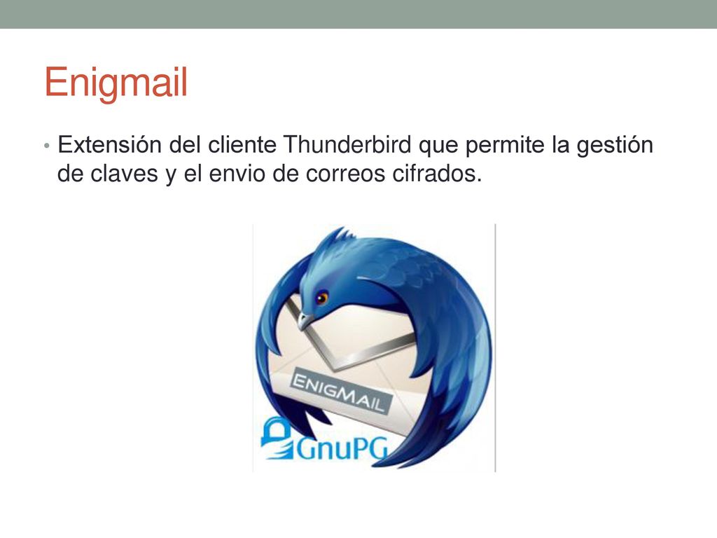 Enigmail Extensión del cliente Thunderbird que permite la gestión de claves y el envio de correos cifrados.