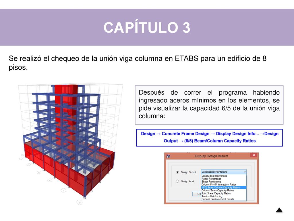 CAPÍTULO 3 Se realizó el chequeo de la unión viga columna en ETABS para un edificio de 8 pisos.