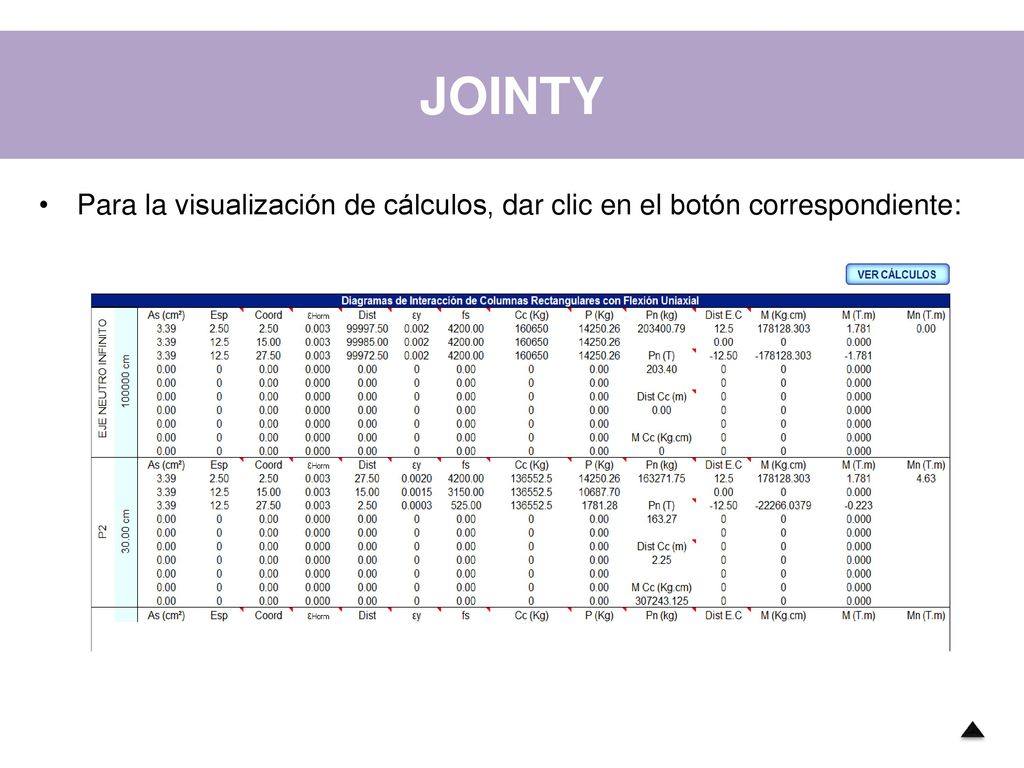 JOINTY Para la visualización de cálculos, dar clic en el botón correspondiente: